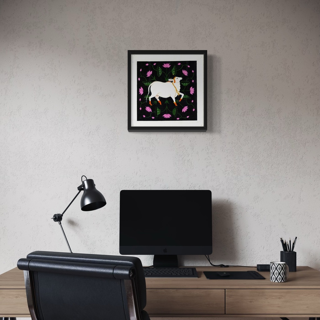 Nandi's elegance in Pichwai | 40 cm x 40 cm x 0.1 cm | Original Art on Rolled Canvas