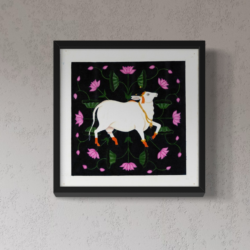 Nandi's elegance in Pichwai | 40 cm x 40 cm x 0.1 cm | Original Art on Rolled Canvas