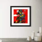 Vibrant abstract composition in reds, blues, and greens within a black frame.