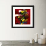 Vibrant abstract oil work featuring reds, yellows, and blacks in a square frame.