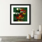 Abstract oil work featuring deep green, red, and yellow strokes within a black frame.