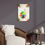 Vibrant acrylic abstract art featuring bright splatters of color on a white background.