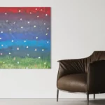 Horizontal abstract acrylic artwork featuring soft horizontal bands of red, blue, and green hues.