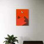 Bold orange and red abstract landscape with a crescent moon, acrylic on canvas.