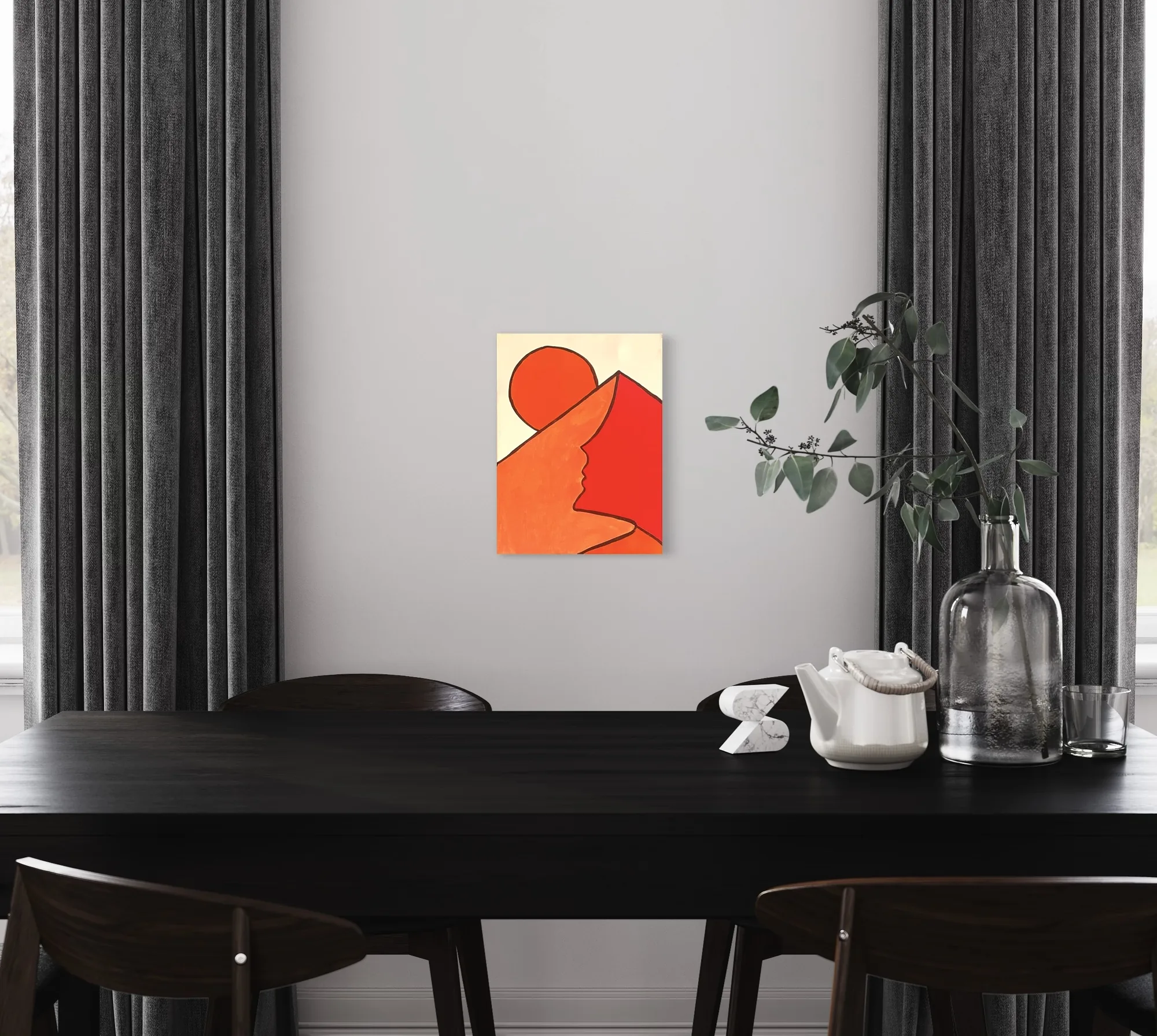 Abstract acrylic art featuring warm orange and red sun shapes against a light background.