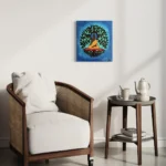 Blue and green circular design featuring a seated Buddha under a leafy tree on a white wall.