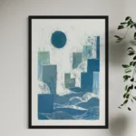 Blue and white woodcut print featuring geometric city forms against a light background.