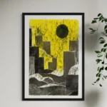 Yellow and black woodcut print featuring abstract, layered shapes in a modern style, framed in black.