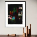 Abstract acrylic work featuring deep blacks with vibrant blocks of red, green, and blue.