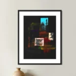Abstract acrylic composition featuring deep blacks, bright cyan, and varied jewel tones.