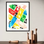 Abstract acrylic composition featuring vibrant blocks of red, blue, yellow, and green within a black frame.