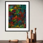Abstract acrylic artwork featuring deep, rich blues, reds, and greens in a dark frame.