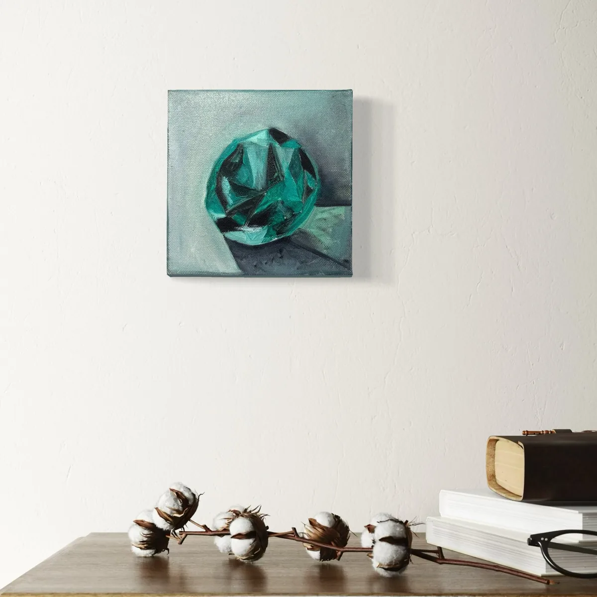 Vibrant teal gemstone against muted blue-green background in oil paint.