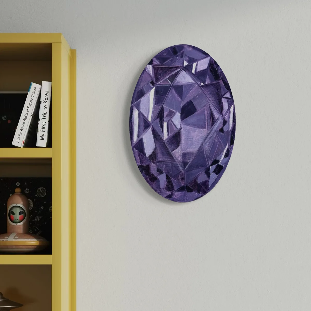 Deep purple, faceted gemstone abstract artwork in oil paint on a light wall.