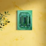 Emerald gemstone artwork in cool greens, rendered in oil paint on a square canvas.