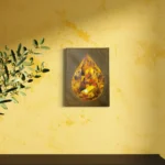 Abstract oil artwork featuring a central, fiery yellow and orange teardrop shape on a dark background.