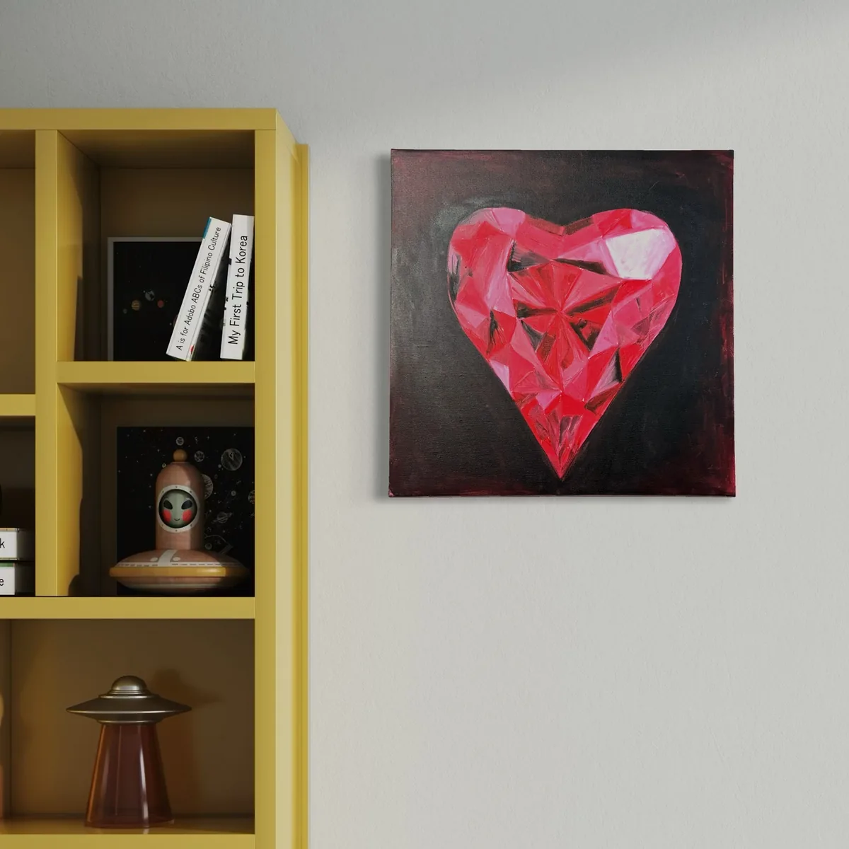 Vibrant red heart with diamond facets on a dark background, oil on canvas.