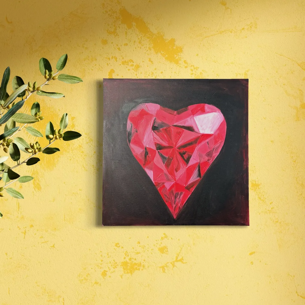 Vibrant red heart shape on a dark background, rendered in bold, geometric oil strokes.
