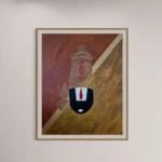 Acrylic artwork featuring a stylized, reddish-brown figure against warm, earthy tones in a gold frame.