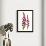 Vibrant purple and pink foxglove blossoms in watercolor style, framed art.