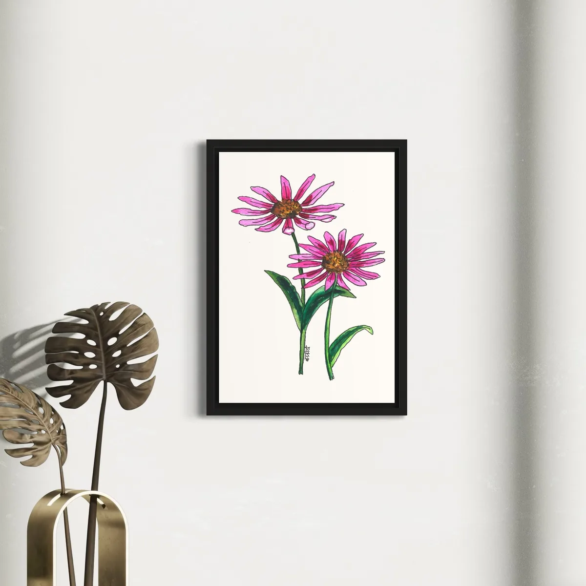 Vibrant pink and purple coneflowers in watercolor on white, framed art.