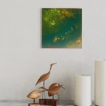 Deep green and gold abstract acrylic artwork showing fluid, mysterious depths.