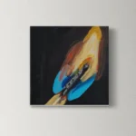 Abstract acrylic streaks of yellow, orange, blue, and brown on a dark background.