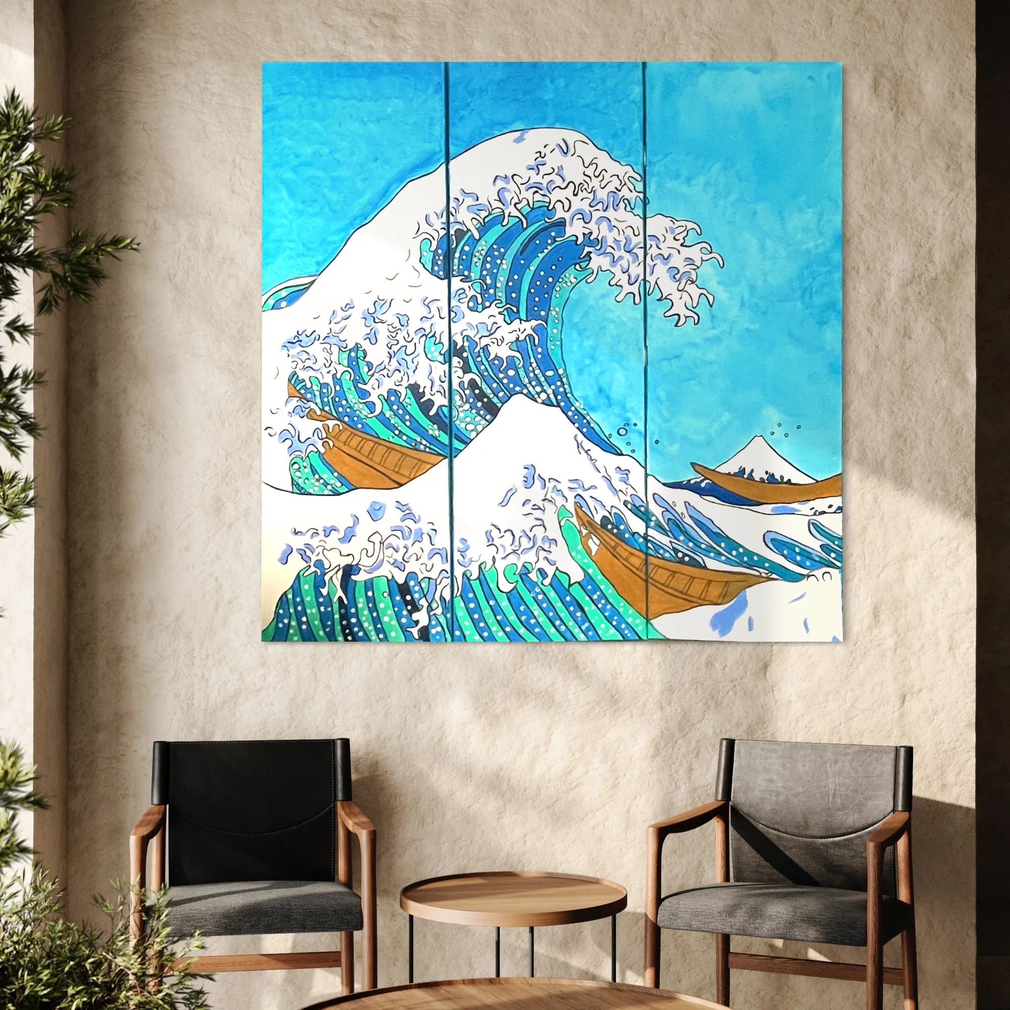 Vibrant acrylic depiction of a large, cresting blue wave against a bright sky.