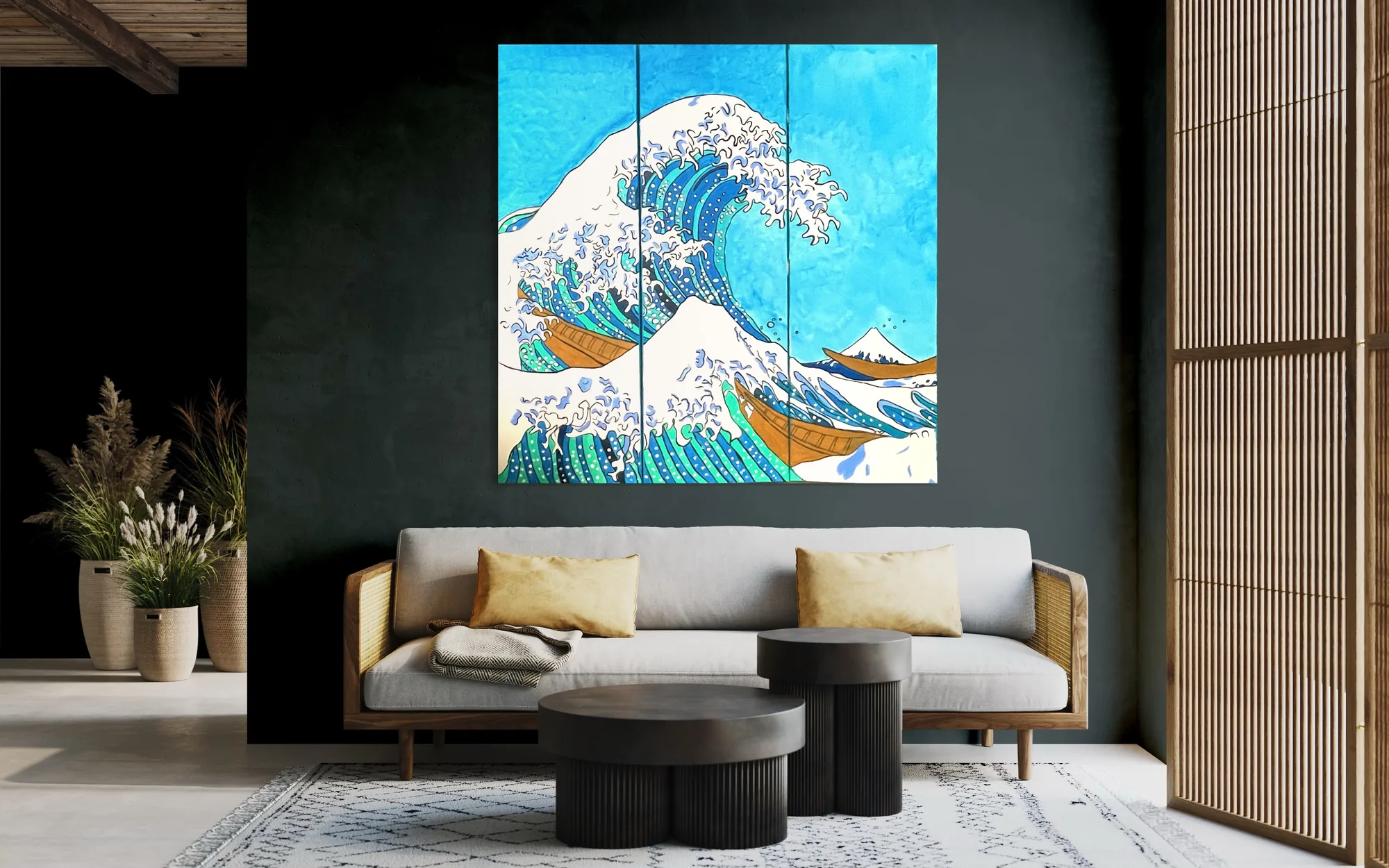 Vibrant blue and white acrylic depiction of a powerful ocean wave against a dark background.