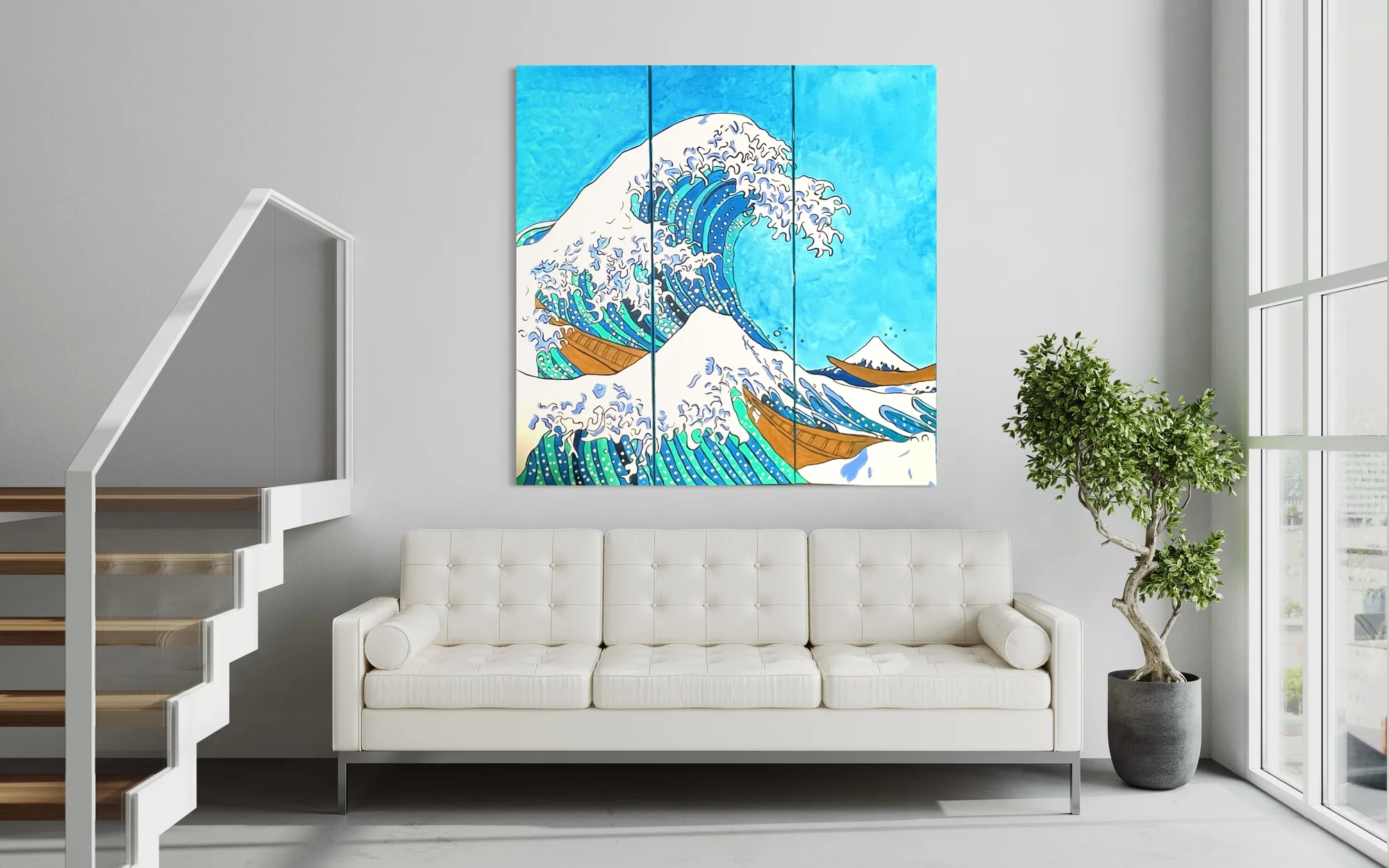Vibrant blue and white acrylic depiction of a powerful ocean wave against a light wall.