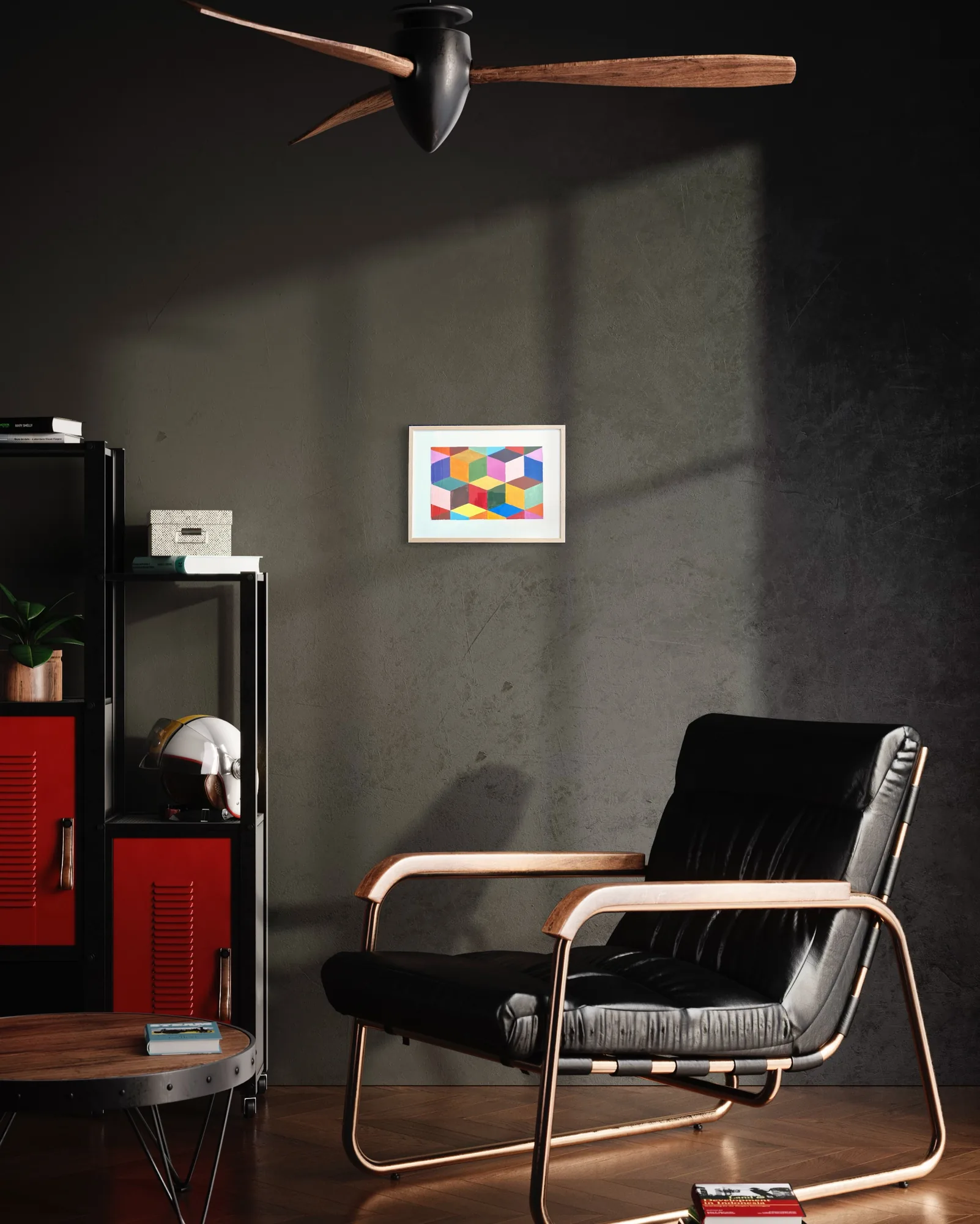 Abstract composition of colorful geometric shapes in a white frame against a dark wall.