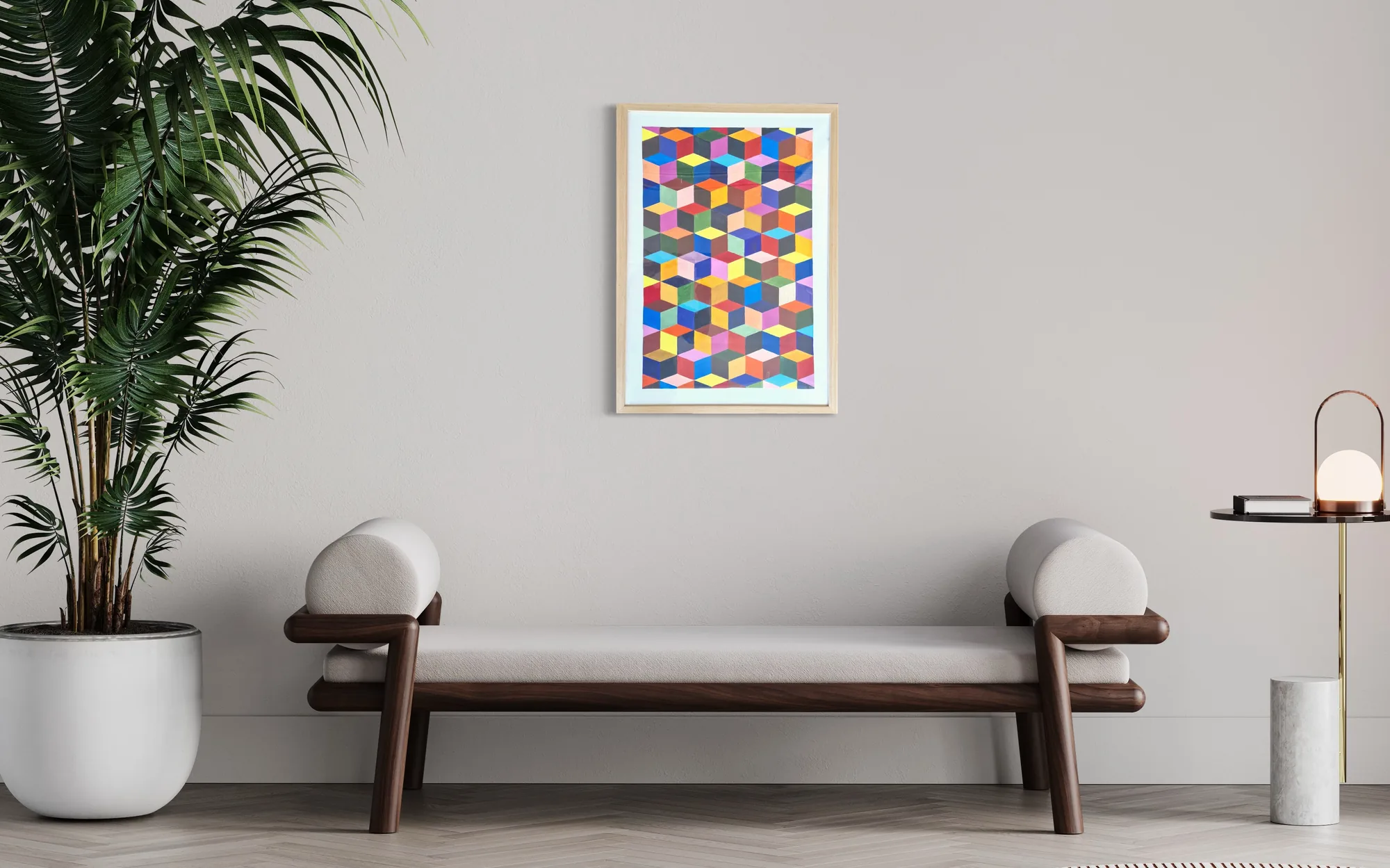 Colorful abstract composition of geometric shapes in a square format.