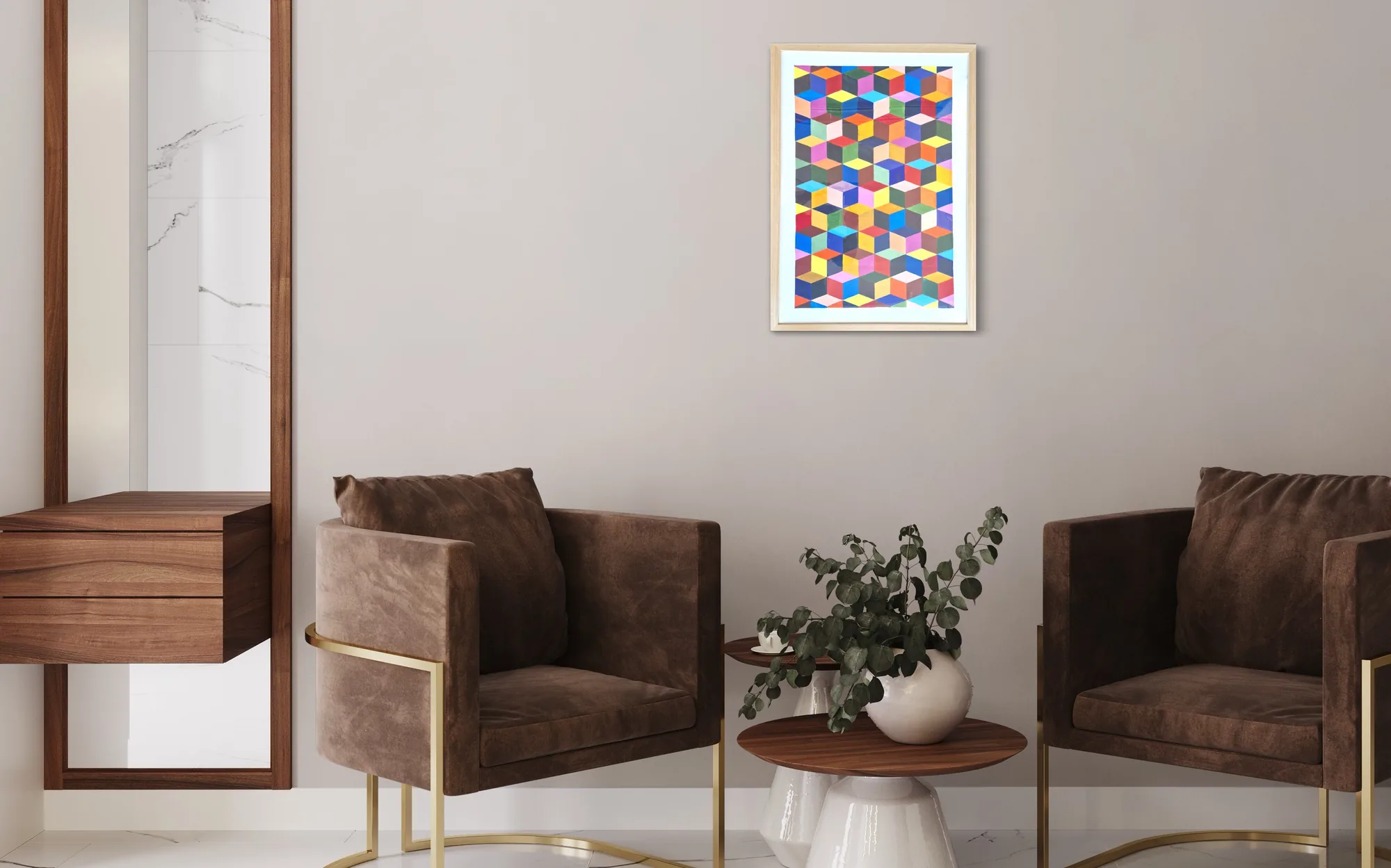 Abstract composition of colorful, geometric shapes in acrylic on a light background.