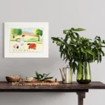 Watercolor scene of figures in a green field under a bright sky, framed artwork.