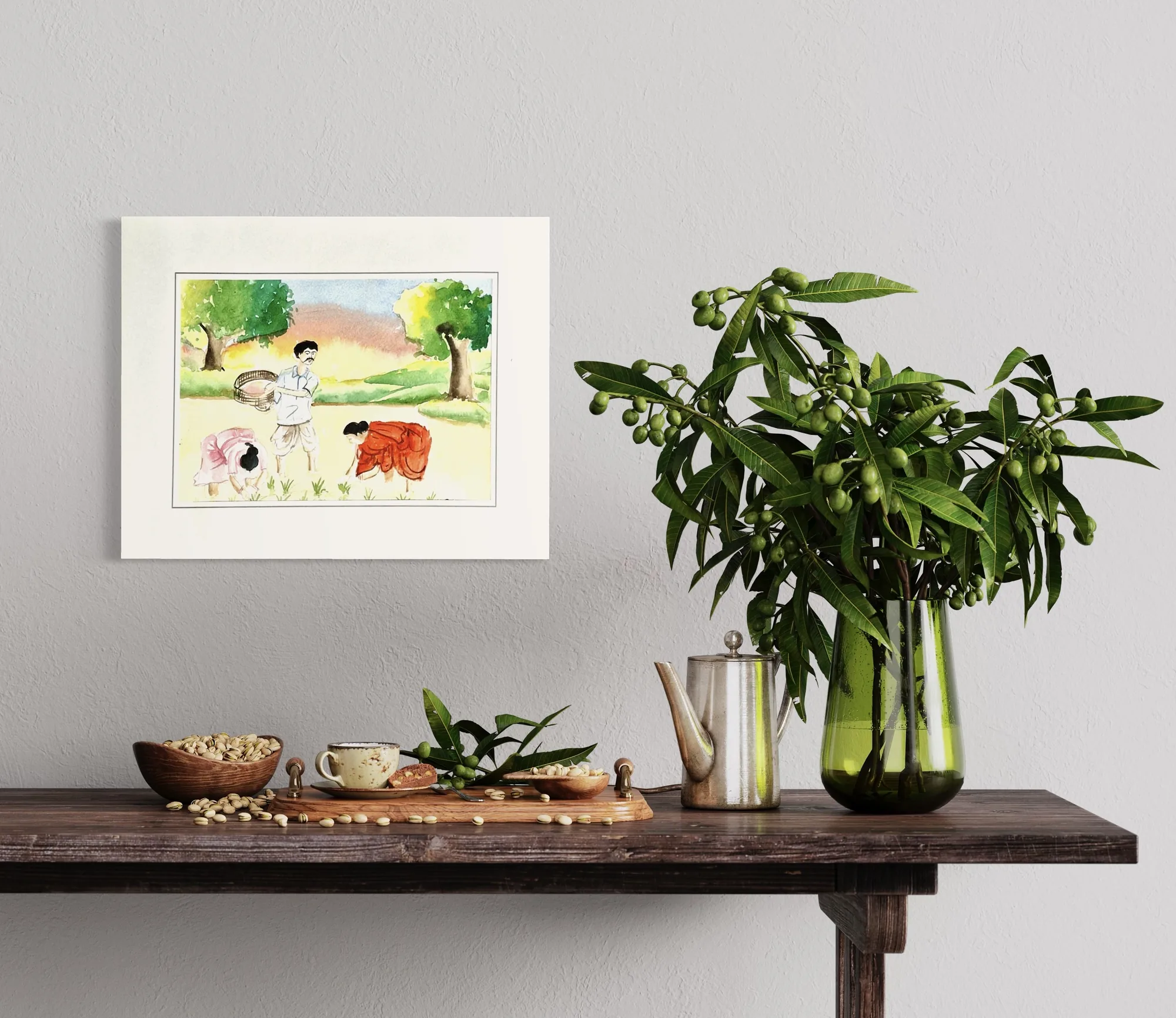 Watercolor scene of figures in a green field under a bright sky, framed artwork.