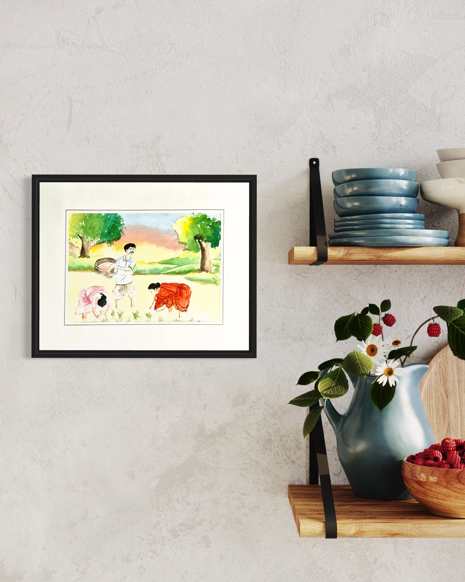 Watercolor scene of farm animals in a green field under a bright sky, framed in black.