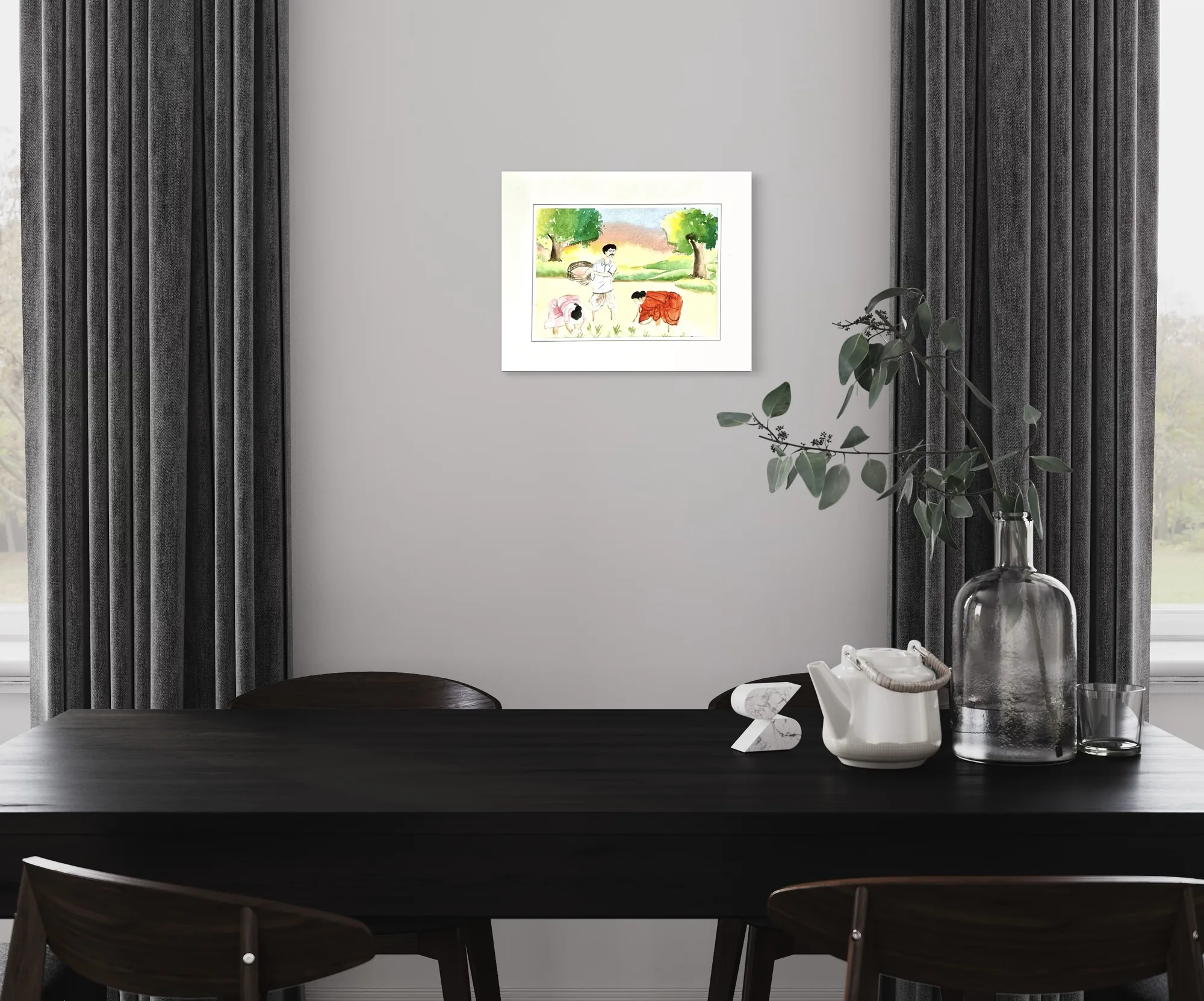 Watercolor scene of people and animals in a green, sunny countryside setting.