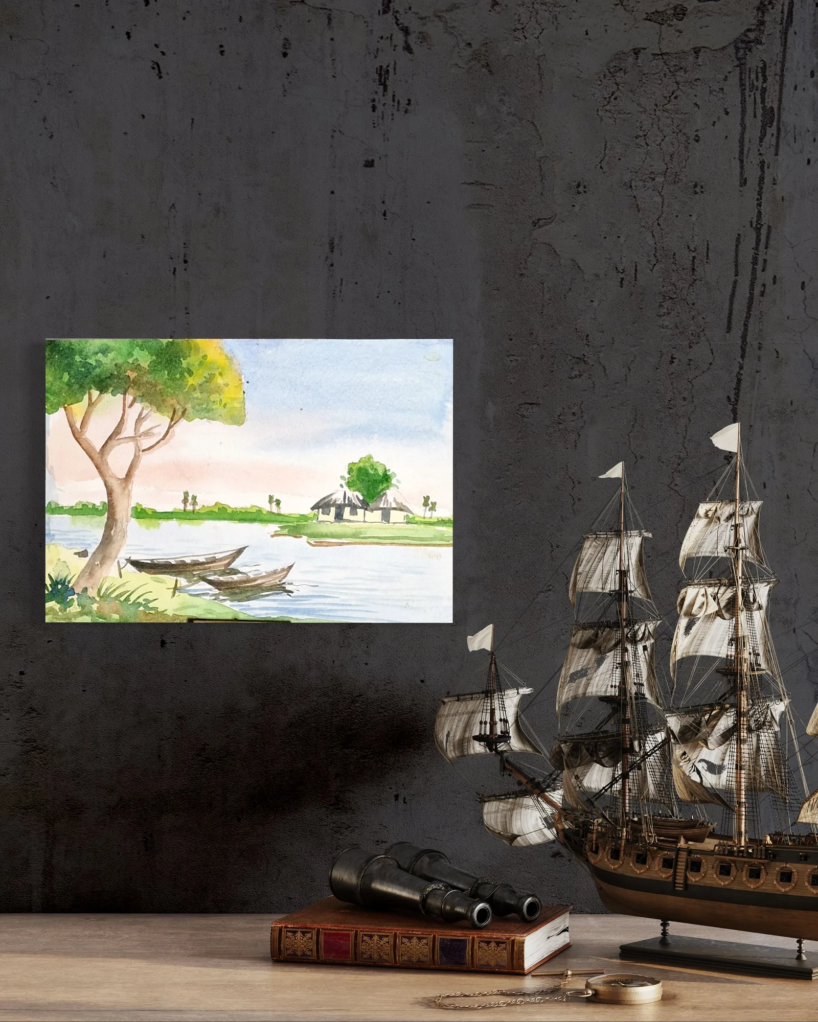 Watercolour scene of a river with trees, houses, and a bright sky against a dark grey wall.