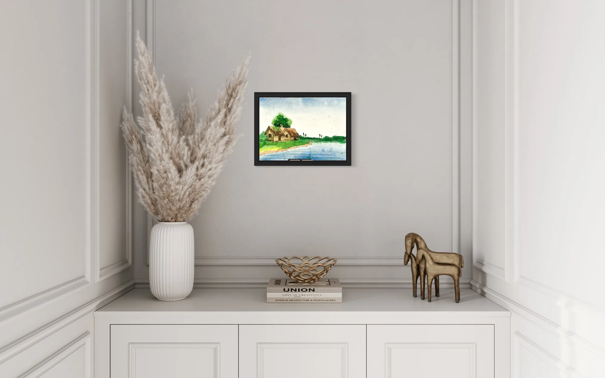 Watercolour scene of green huts by a blue river under a pale sky.