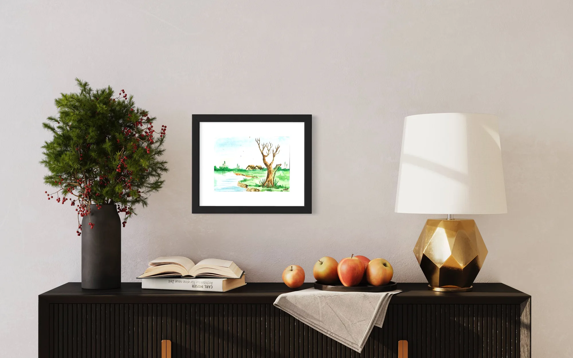 Watercolor landscape featuring a small tree and green fields, set in a black frame.