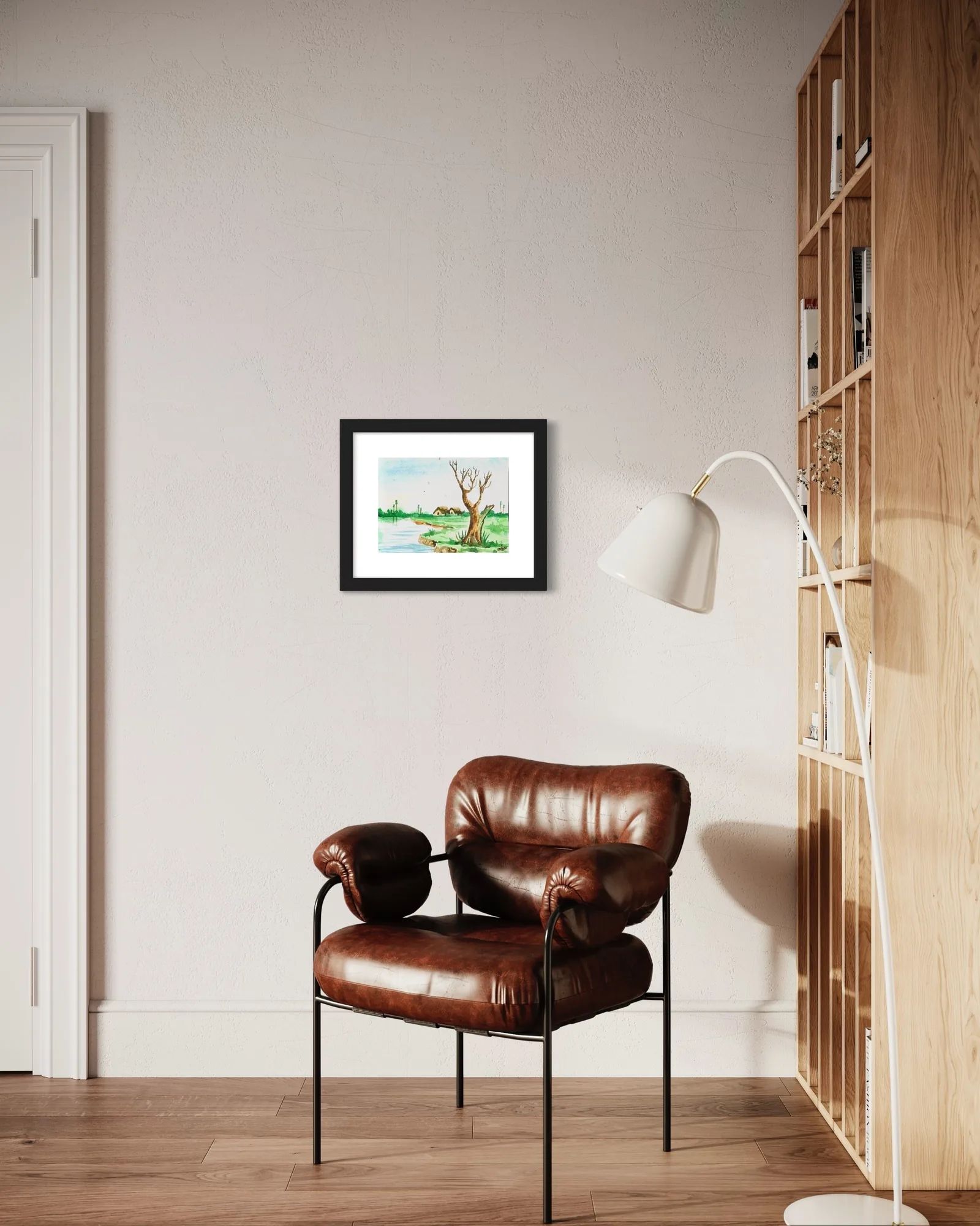 Watercolor scene of green fields and trees under a bright sky, framed on a light wall.