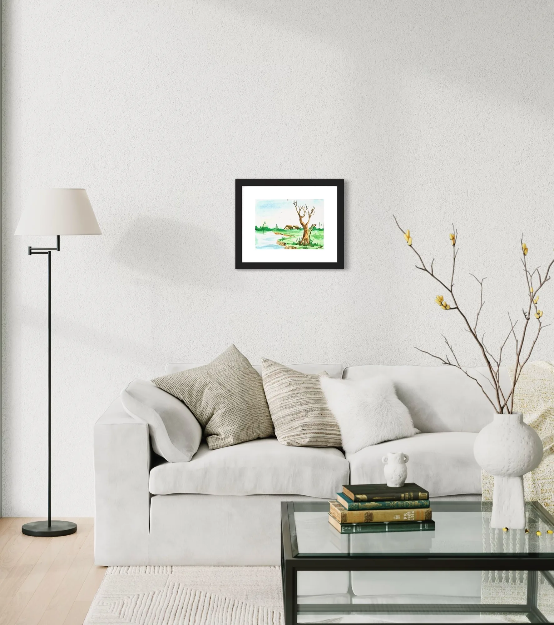 Watercolor depiction of a green landscape with trees, set in a black frame.