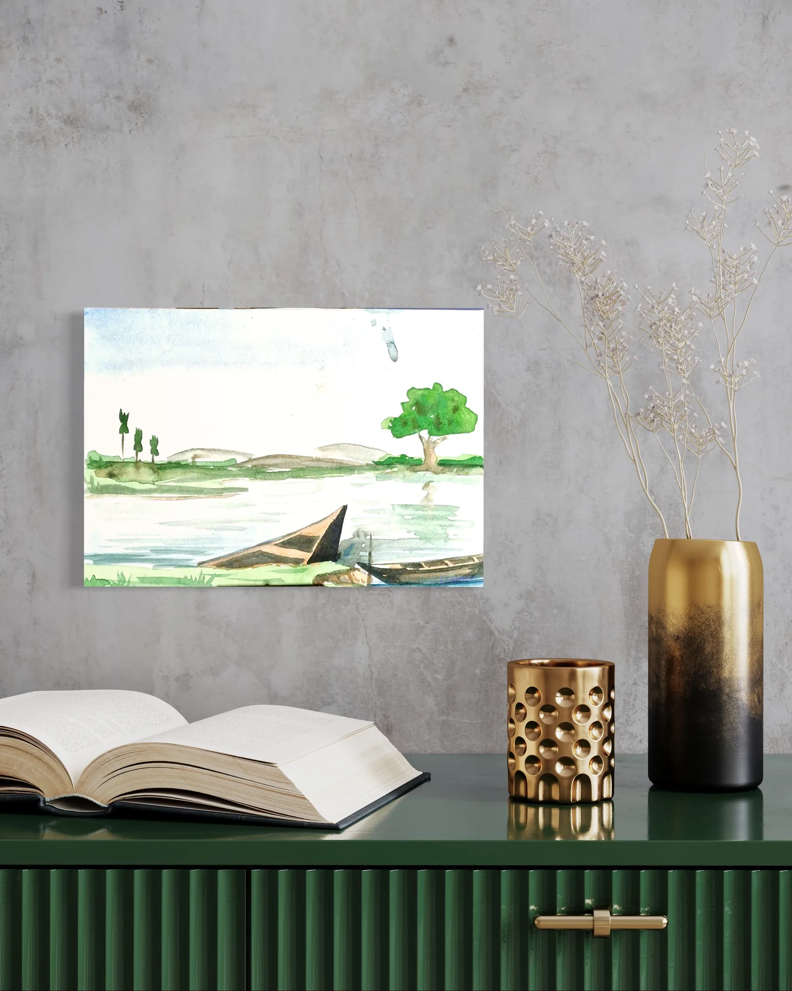 Watercolor scene of a calm river flowing past green banks under a bright sky.