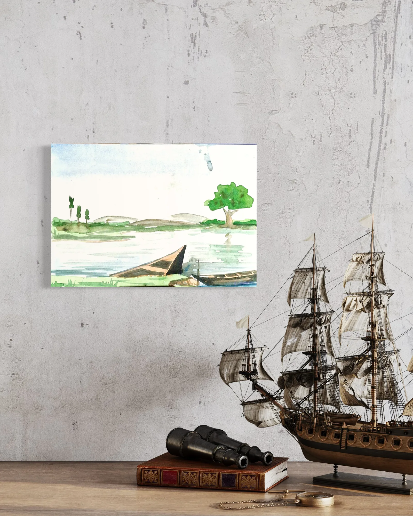 Watercolor scene of a calm river with a small boat, green trees, and soft blues.