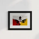 Vibrant, stylized eyes in red, yellow, and black acrylic paint within a black frame.
