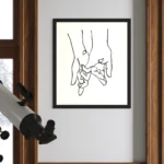Black and white line art drawing of interlocked fingers in a simple, modern frame.