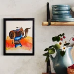 Vibrant watercolor depiction of a mythical creature against warm orange and yellow hues, in a black frame.