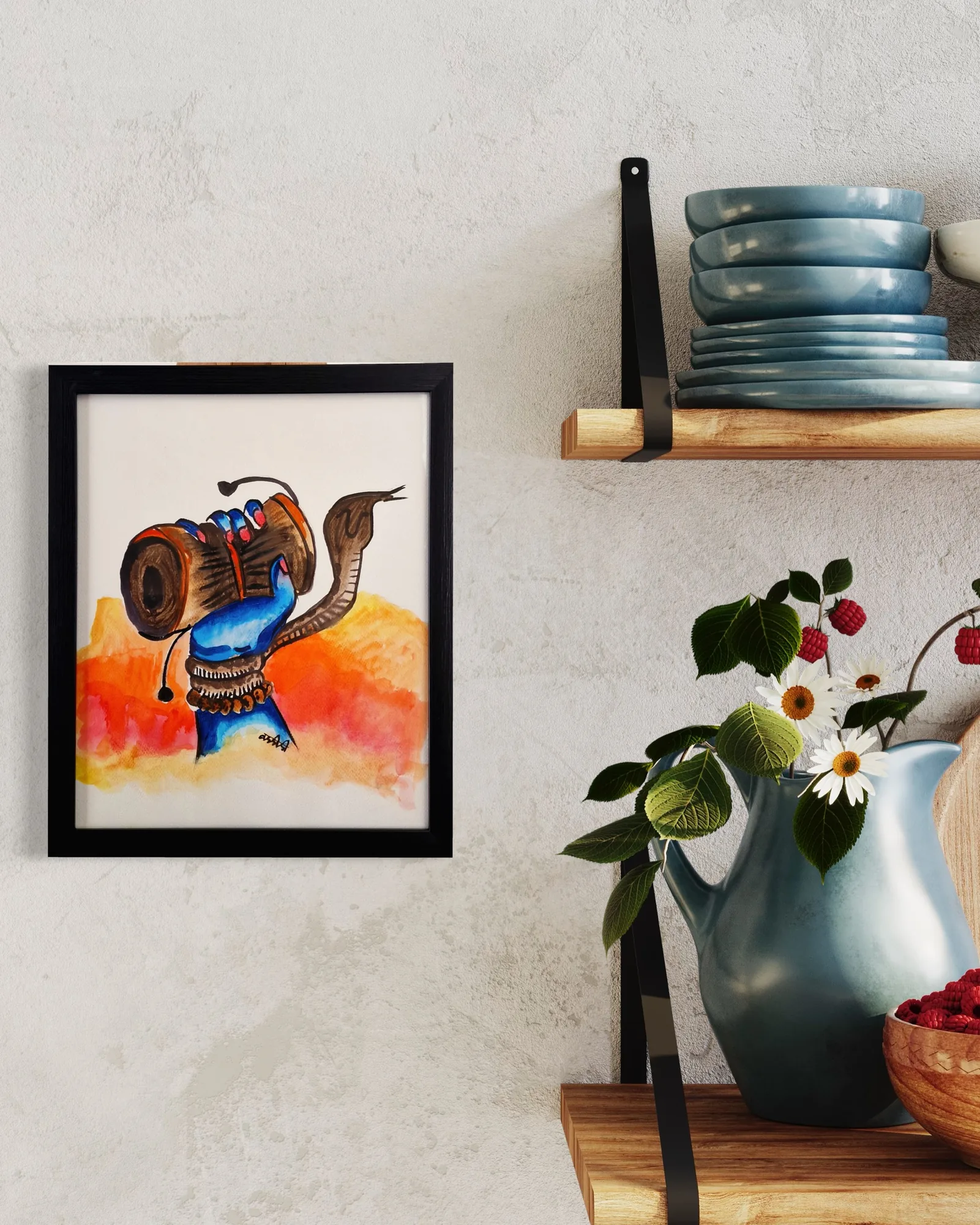Vibrant watercolor depiction of a mythical creature against warm orange and yellow hues, in a black frame.
