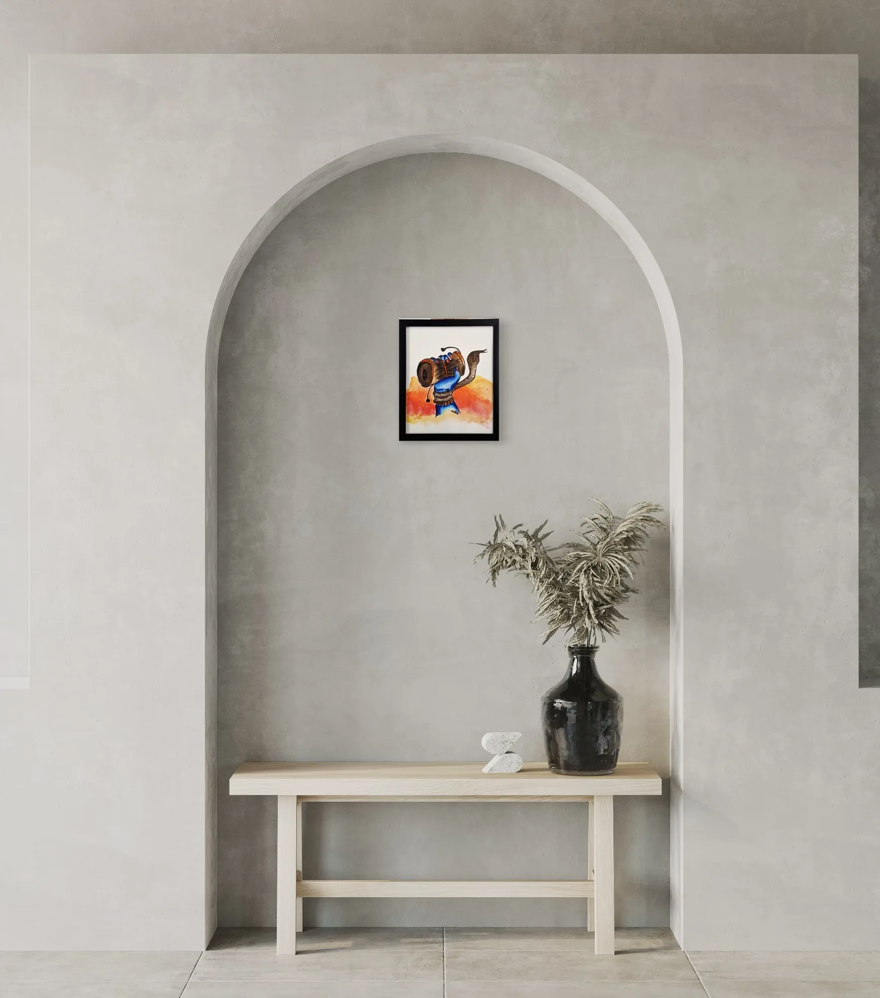 Watercolor depiction of a figure against warm orange and blue tones, in a simple room setting.