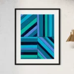 Abstract composition of intersecting teal, blue, and dark lines in a black frame.